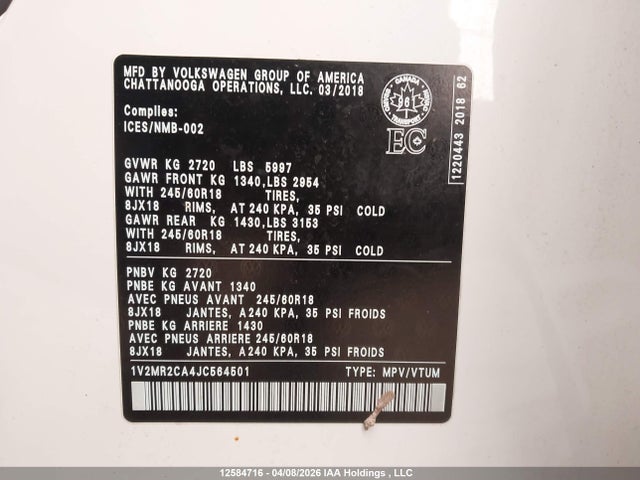 12584716 :رقم المزاد ، 1V2MR2CA4JC564501 vin ، 2018 Volkswagen Atlas Sel مزاد بيع