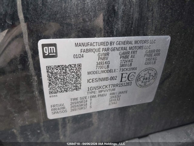 12584718 :رقم المزاد ، 1GNSKCKT7RR151283 vin ، 2024 Chevrolet Suburban Lt مزاد بيع