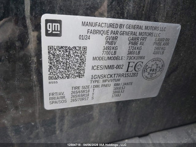 12584718 :رقم المزاد ، 1GNSKCKT7RR151283 vin ، 2024 Chevrolet Suburban Lt مزاد بيع