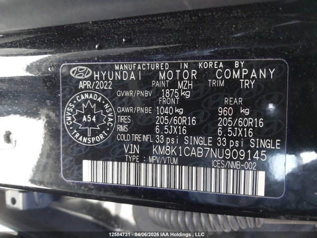 KM8K1CAB7NU909145 Hyundai Kona