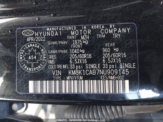 KM8K1CAB7NU909145 Hyundai Kona