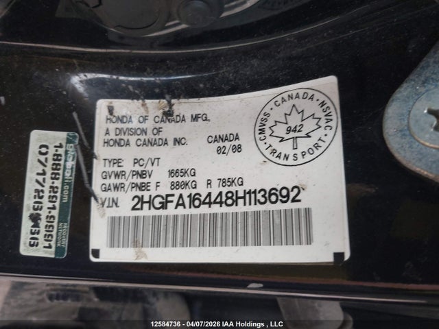 Продаж на аукціоні авто 2008 Honda Civic Dx-g, vin: 2HGFA16448H113692, номер лоту: 12584736