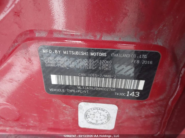 Aukcja sprzedaży 2017 Mitsubishi Mirage Es, vin: ML32A3HJ9HH002768, numer aukcji: 12562747