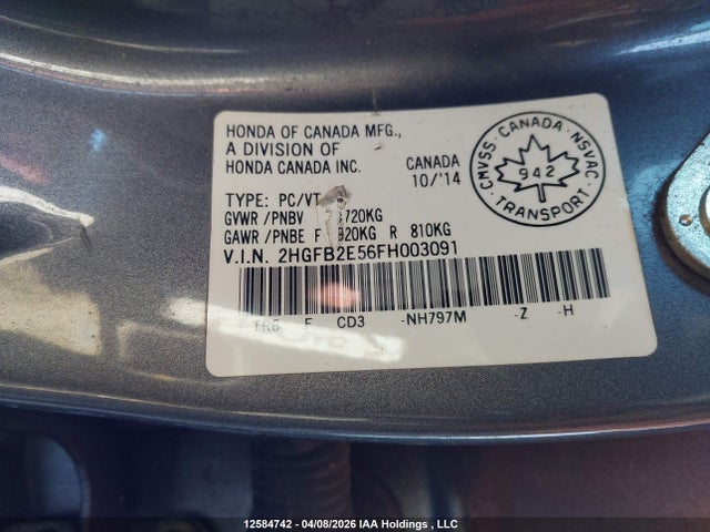 Продажа на аукционе авто 2015 Honda Civic Lx, vin: 2HGFB2E56FH003091, номер лота: 12584742