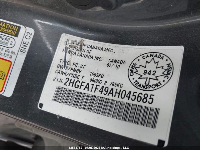 Aukcja sprzedaży 2010 Honda Civic Dx-g, vin: 2HGFA1F49AH045685, numer aukcji: 12584752
