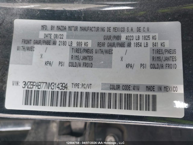 3MZBPAB77NM314394 Mazda Mazda3 Gx