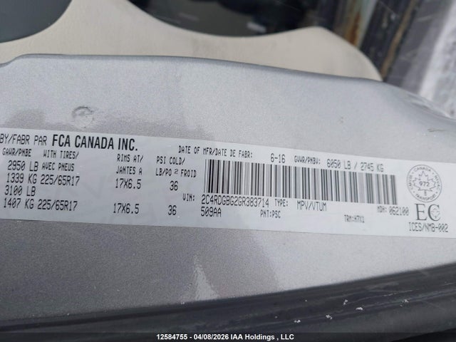 12584755 :رقم المزاد ، 2C4RDGBG2GR383714 vin ، 2016 Dodge Grand Caravan Se/sxt مزاد بيع