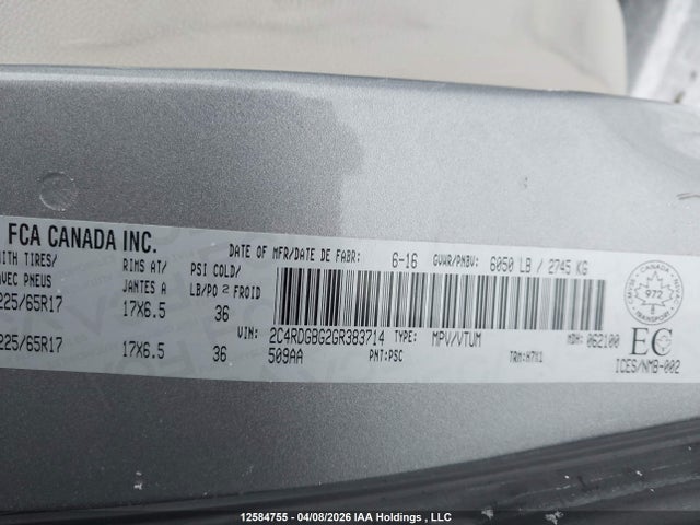12584755 :رقم المزاد ، 2C4RDGBG2GR383714 vin ، 2016 Dodge Grand Caravan Se/sxt مزاد بيع