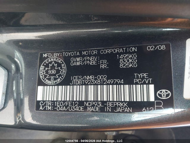 2008 Toyota Yaris მანქანა იყიდება აუქციონზე, vin: JTDBT923X81249794, აუქციონის ნომერი: 12584756