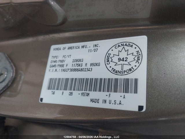Aukcja sprzedaży 2008 Honda Accord Exl, vin: 1HGCP36888A802343, numer aukcji: 12584758