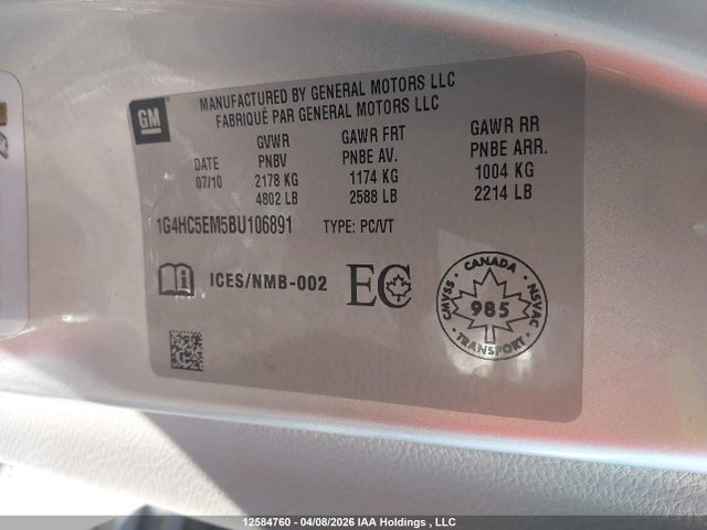 Продаж на аукціоні авто 2011 Buick Lucerne Cxl, vin: 1G4HC5EM5BU106891, номер лоту: 12584760