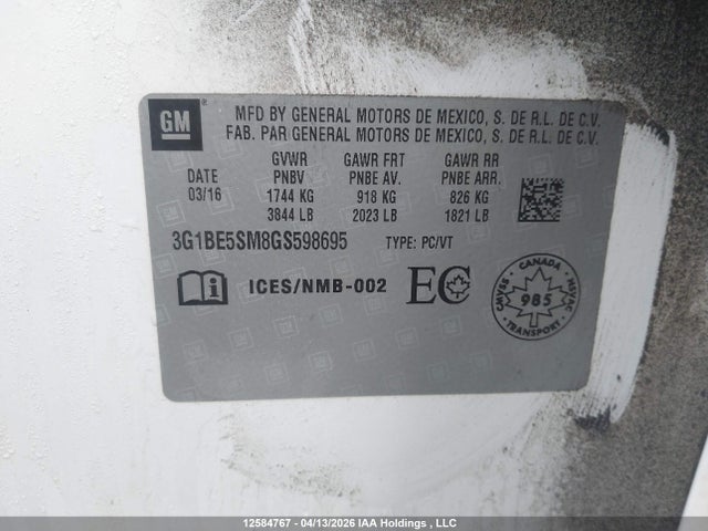 3G1BE5SM8GS598695 Chevrolet Cruze Lt Auto
