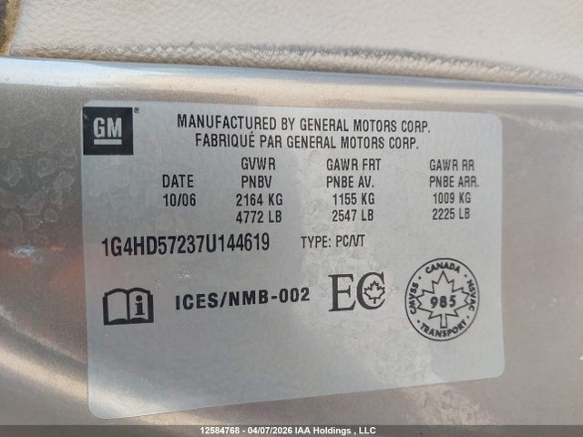 Продаж на аукціоні авто 2007 Buick Lucerne Cxl, vin: 1G4HD57237U144619, номер лоту: 12584768