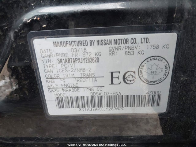 3N1AB7APXJY283620 Nissan Sentra S/sv/sr/sl