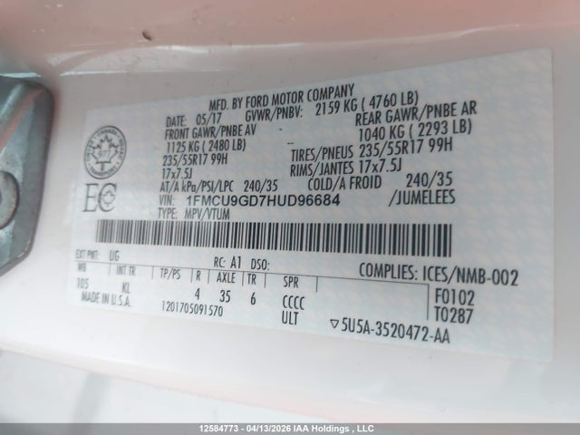 Продаж на аукціоні авто 2017 Ford Escape, vin: 1FMCU9GD7HUD96684, номер лоту: 12584773