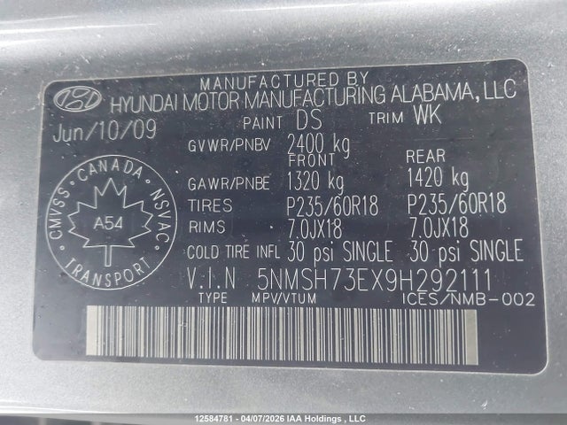 Продаж на аукціоні авто 2009 Hyundai Santa Fe Gls/limited, vin: 5NMSH73EX9H292111, номер лоту: 12584781