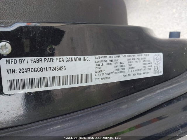 2020 Dodge Grand Caravan Premium Plus მანქანა იყიდება აუქციონზე, vin: 2C4RDGCG1LR248426, აუქციონის ნომერი: 12584791