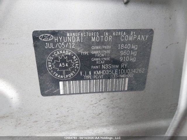 12584793 :رقم المزاد ، KMHD35LE1DU034262 vin ، 2013 Hyundai Elantra Gt مزاد بيع