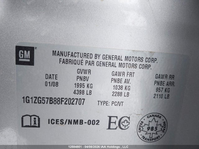2008 Chevrolet Malibu Ls მანქანა იყიდება აუქციონზე, vin: 1G1ZG57B88F202707, აუქციონის ნომერი: 12584801