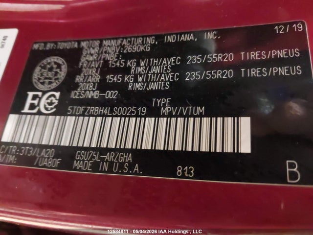 2020 Toyota Highlander Platinum მანქანა იყიდება აუქციონზე, vin: 5TDFZRBH4LS002519, აუქციონის ნომერი: 12584811
