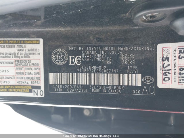 12577912 :رقم المزاد ، 2T1BR32E85C867717 vin ، 2005 Toyota Corolla Ce/le/sport مزاد بيع