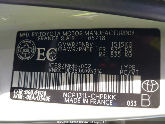 2018 Toyota Yaris L/le/se მანქანა იყიდება აუქციონზე, vin: VNKKTUD38JA096314, აუქციონის ნომერი: 12584816