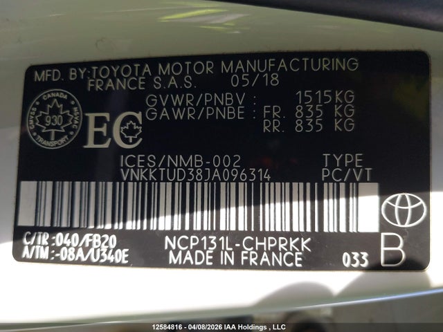 2018 Toyota Yaris L/le/se მანქანა იყიდება აუქციონზე, vin: VNKKTUD38JA096314, აუქციონის ნომერი: 12584816