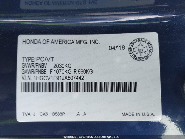 1HGCV1F91JA807442 Honda Accord Touring