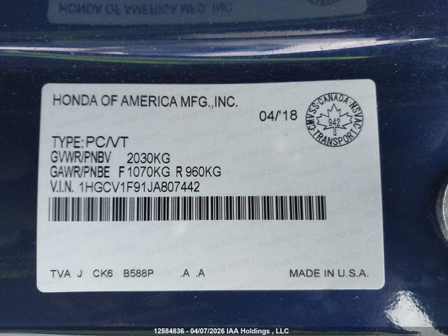 1HGCV1F91JA807442 Honda Accord Touring