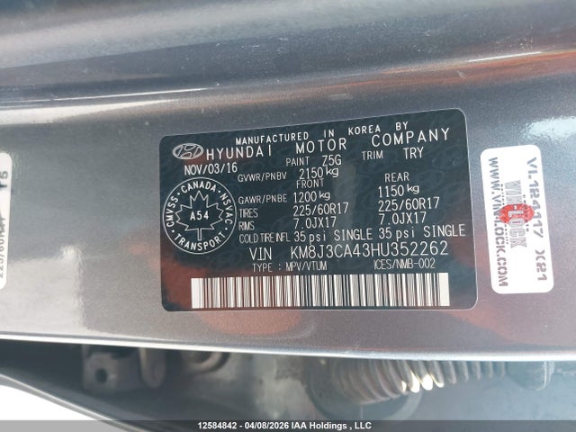 12584842 :رقم المزاد ، KM8J3CA43HU352262 vin ، 2017 Hyundai Tucson Limited/sport And Eco/se مزاد بيع