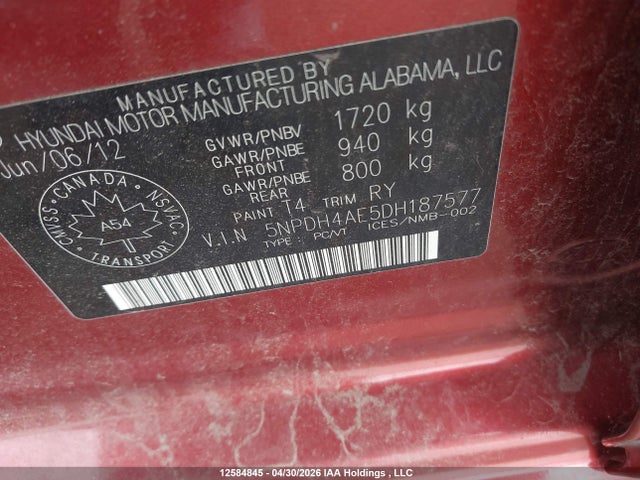 Продаж на аукціоні авто 2013 Hyundai Elantra Gls/limited, vin: 5NPDH4AE5DH187577, номер лоту: 12584845