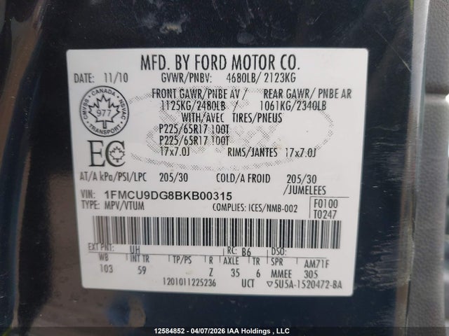 Продажа на аукционе авто 2011 Ford Escape Xlt, vin: 1FMCU9DG8BKB00315, номер лота: 12584852