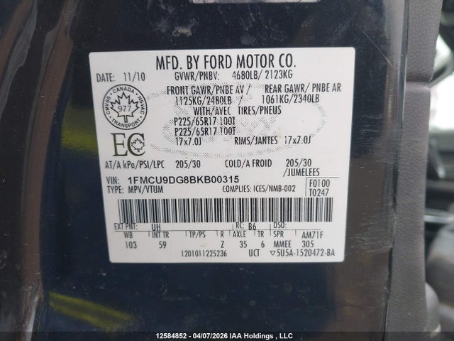 Продажа на аукционе авто 2011 Ford Escape Xlt, vin: 1FMCU9DG8BKB00315, номер лота: 12584852