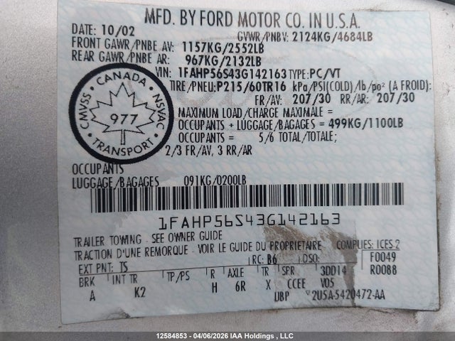 Aukcja sprzedaży 2003 Ford Taurus Sel, vin: 1FAHP56S43G142163, numer aukcji: 12584853