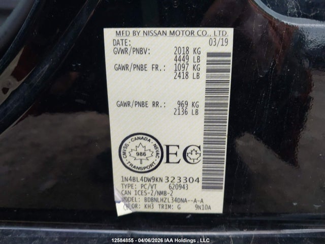 1N4BL4DW9KN323304 Nissan Altima 2.5 Sv