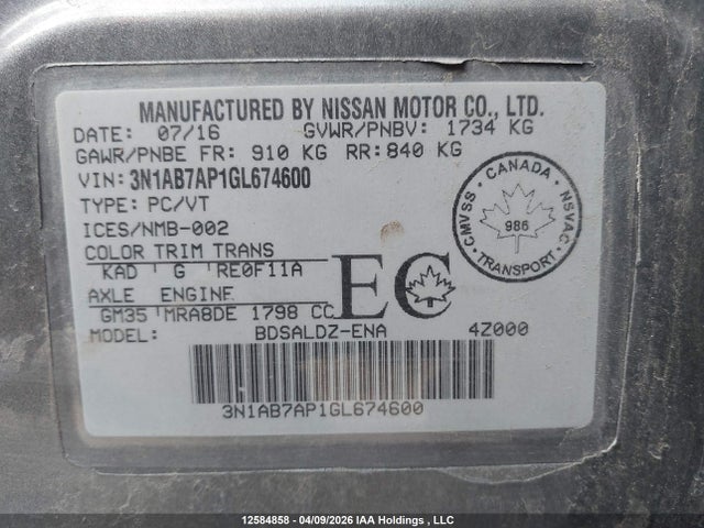Продажа на аукционе авто 2016 Nissan Sentra 1.8 S/1.8 Sl/1.8 Sr/1.8 Sv, vin: 3N1AB7AP1GL674600, номер лота: 12584858
