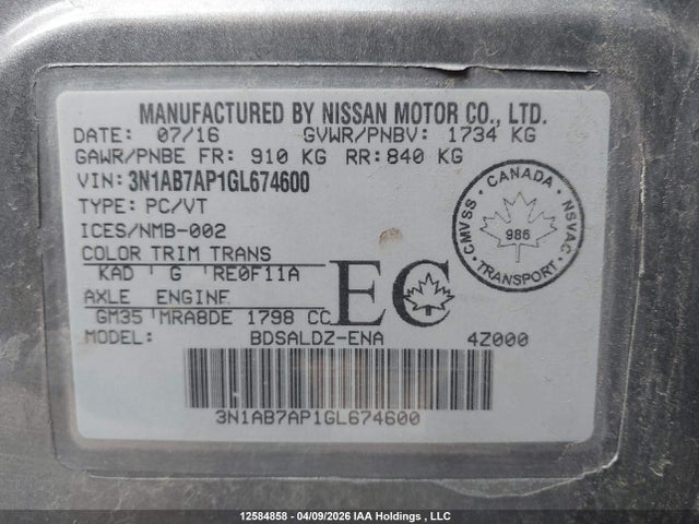 Продажа на аукционе авто 2016 Nissan Sentra 1.8 S/1.8 Sl/1.8 Sr/1.8 Sv, vin: 3N1AB7AP1GL674600, номер лота: 12584858