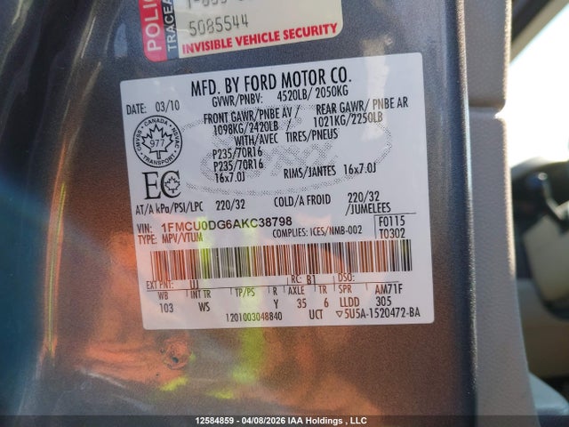 Продаж на аукціоні авто 2010 Ford Escape Xlt, vin: 1FMCU0DG6AKC38798, номер лоту: 12584859