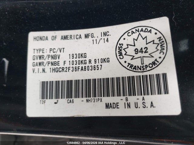 Продажа на аукционе авто 2015 Honda Accord Lx, vin: 1HGCR2F36FA803657, номер лота: 12584862