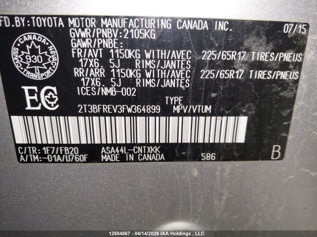 2015 Toyota Rav4 Le მანქანა იყიდება აუქციონზე, vin: 2T3BFREV3FW364899, აუქციონის ნომერი: 12584867
