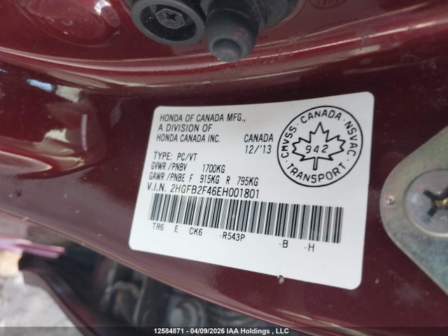 Продаж на аукціоні авто 2014 Honda Civic Lx, vin: 2HGFB2F46EH001801, номер лоту: 12584871