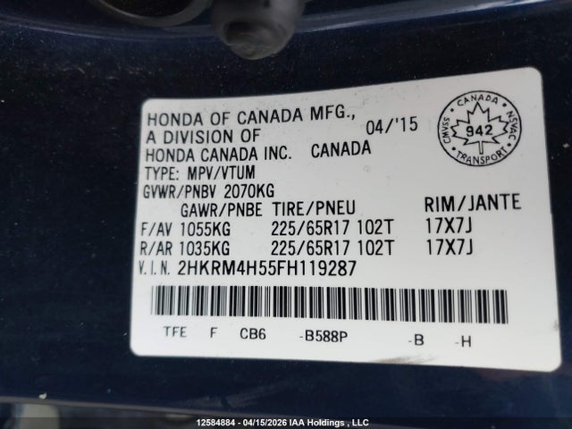 Продаж на аукціоні авто 2015 Honda Cr-v Ex, vin: 2HKRM4H55FH119287, номер лоту: 12584884