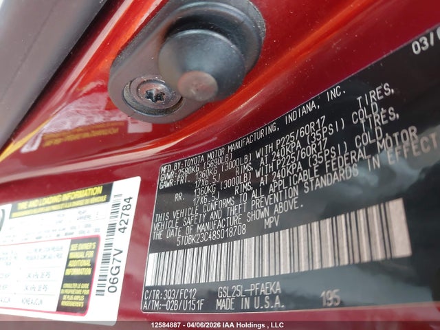 Aukcja sprzedaży 2008 Toyota Sienna Le, vin: 5TDBK23C48S018708, numer aukcji: 12584887