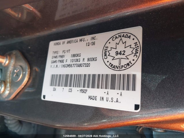 Aukcja sprzedaży 2007 Honda Accord Ex, vin: 1HGCM56777A807320, numer aukcji: 12584889