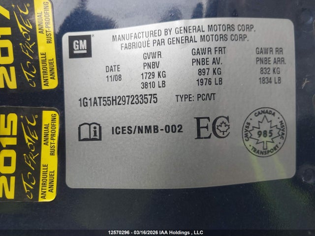 Продаж на аукціоні авто 2009 Chevrolet Cobalt Lt, vin: 1G1AT55H297233575, номер лоту: 12570296