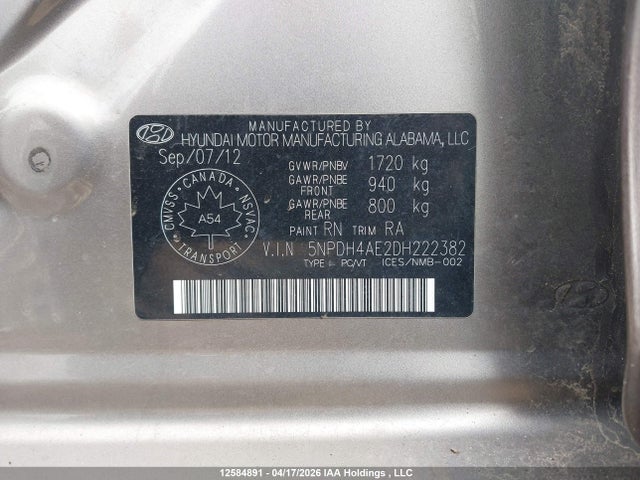 2013 Hyundai Elantra Gl მანქანა იყიდება აუქციონზე, vin: 5NPDH4AE2DH222382, აუქციონის ნომერი: 12584891