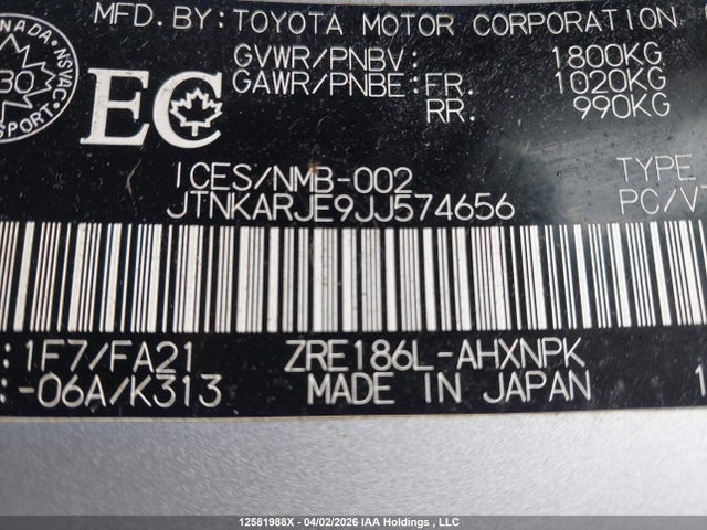 JTNKARJE9JJ574656 Toyota COROLLA IM
