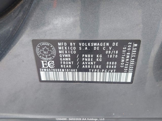 3VWG57BU6KM101663 Volkswagen Jetta Sel Premium