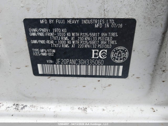 12584897 :رقم المزاد ، JF2GPANC3GH335060 vin ، 2016 Subaru Crosstrek مزاد بيع