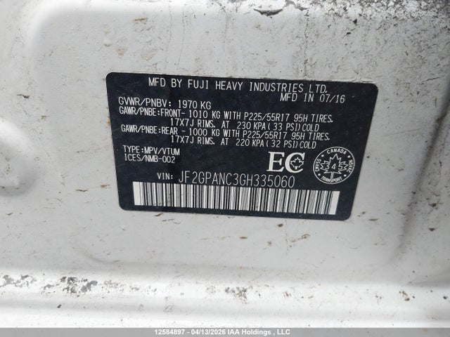 12584897 :رقم المزاد ، JF2GPANC3GH335060 vin ، 2016 Subaru Crosstrek مزاد بيع